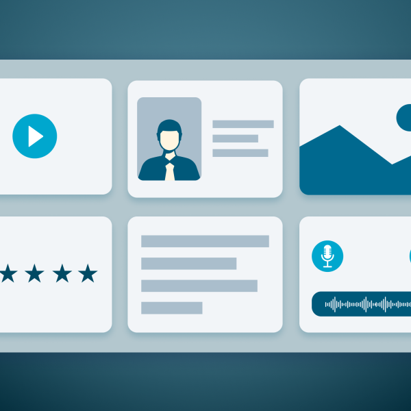 Illustrated navigation cards in grid over a page design 